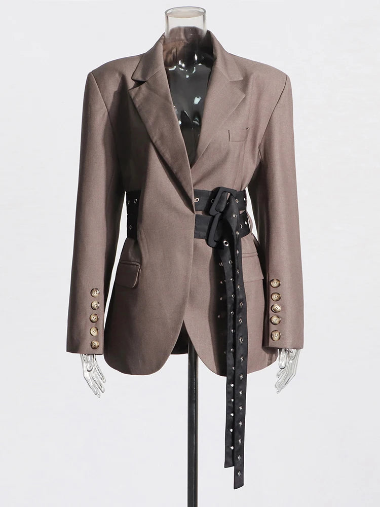 Belt Blazer Collar Long Sleeve Patchwork Button