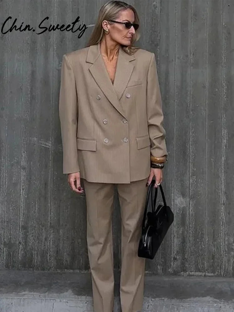 Coat Set Full Sleeve Double Breasted Lapel Jacket Wide Leg High Waist Pant