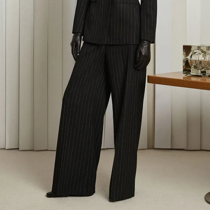 Coat Set Full Sleeve Double Breasted Lapel Jacket Wide Leg High Waist Pant
