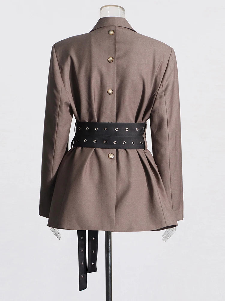 Belt Blazer Collar Long Sleeve Patchwork Button