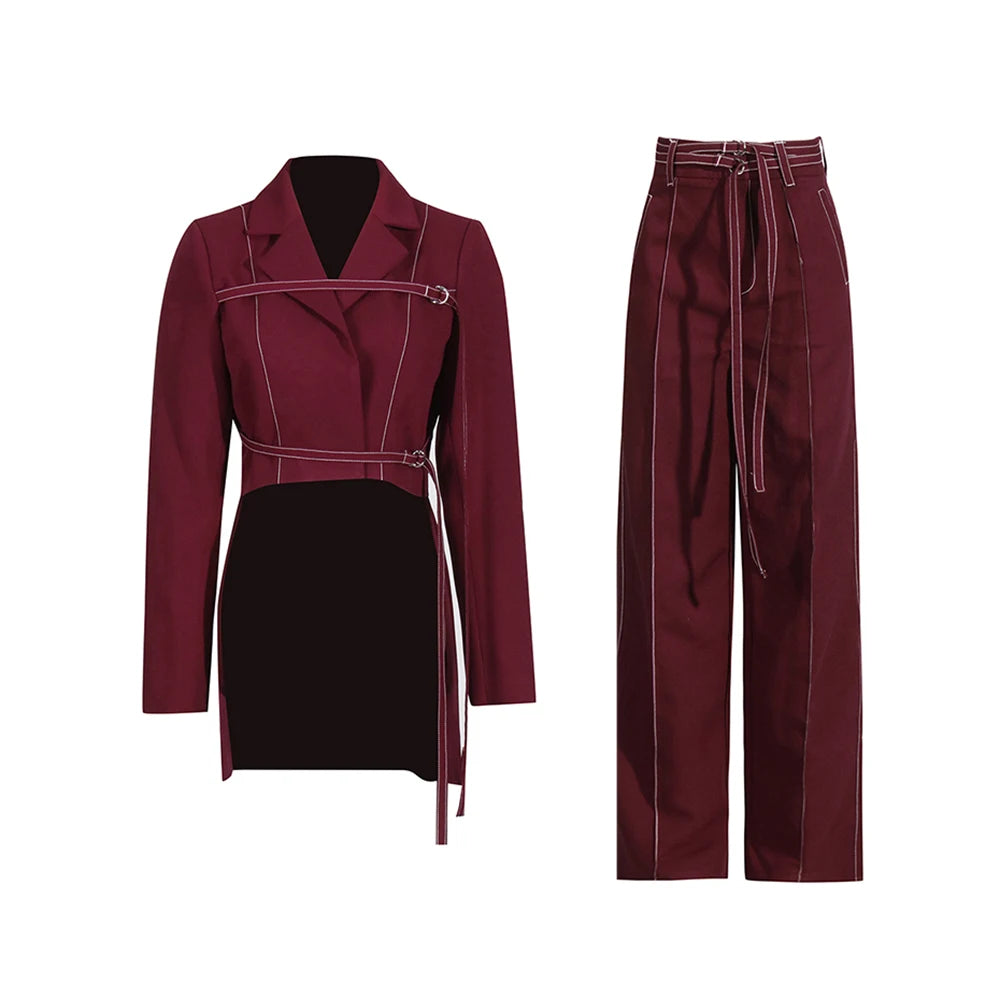 Two Piece Set for Long Sleeve Jacket High Waist Straight Trousers