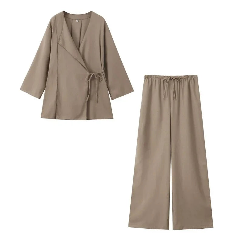 Vintage Loose Suits Long Sleeve V Neck Linen