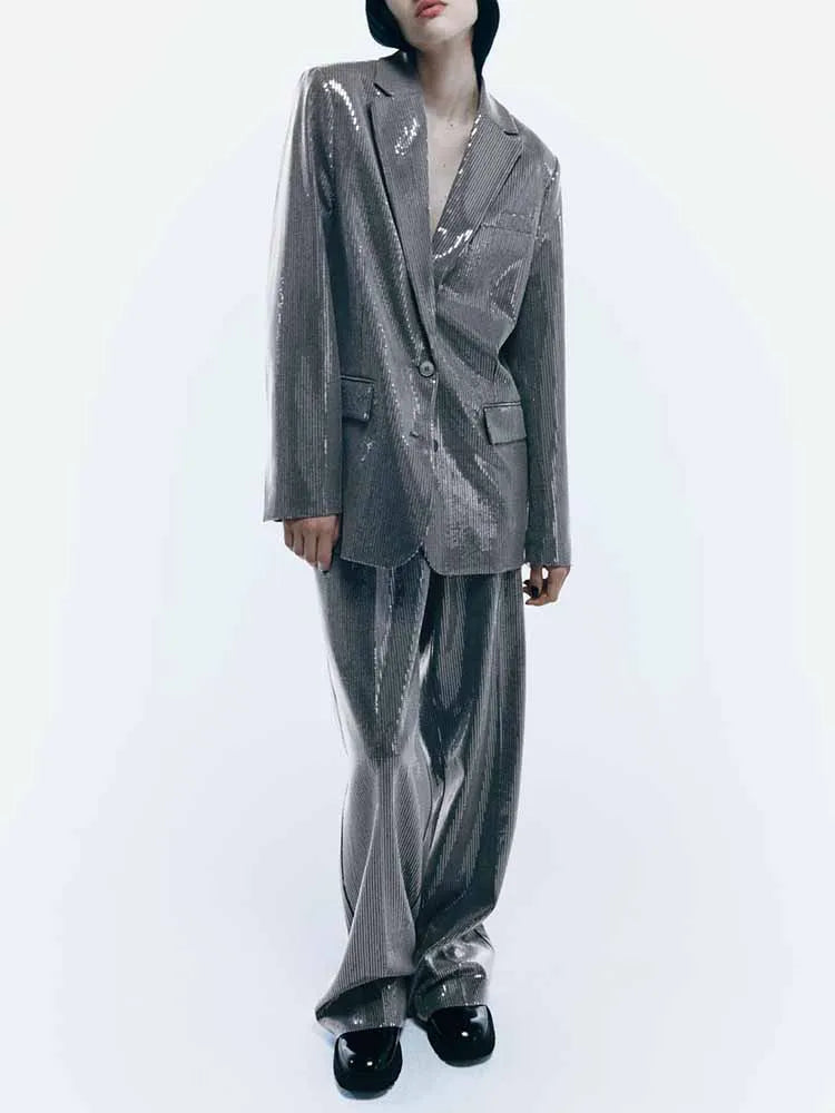 Jacket Autumn Single-Breasted V-Neck Blazer Straight Pants 2Piece