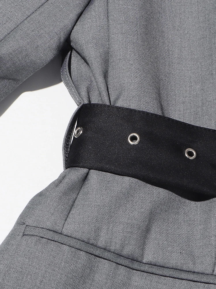 Belt Blazer Collar Long Sleeve Patchwork Button