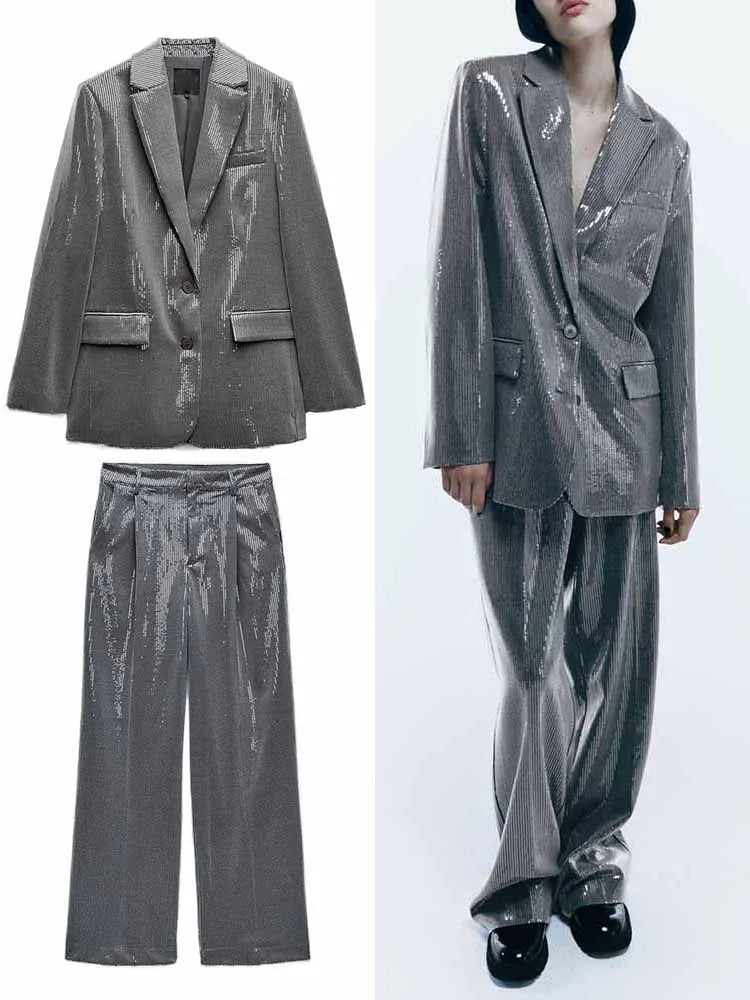 Jacket Autumn Single-Breasted V-Neck Blazer Straight Pants 2Piece