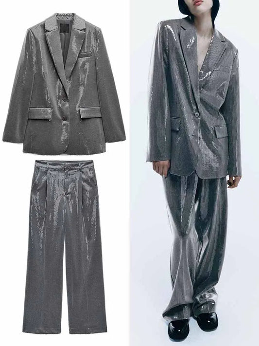 Jacket Autumn Single-Breasted V-Neck Blazer Straight Pants 2Piece