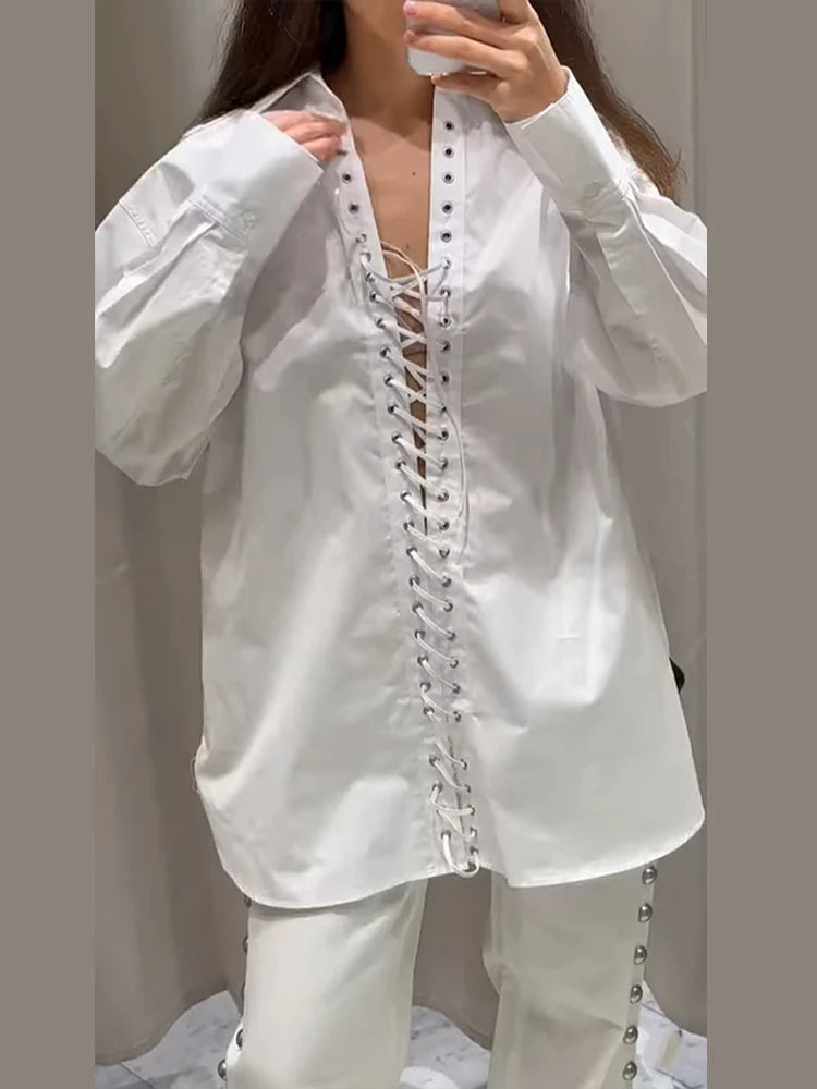 White Oversize Weave Drawstring Blouse