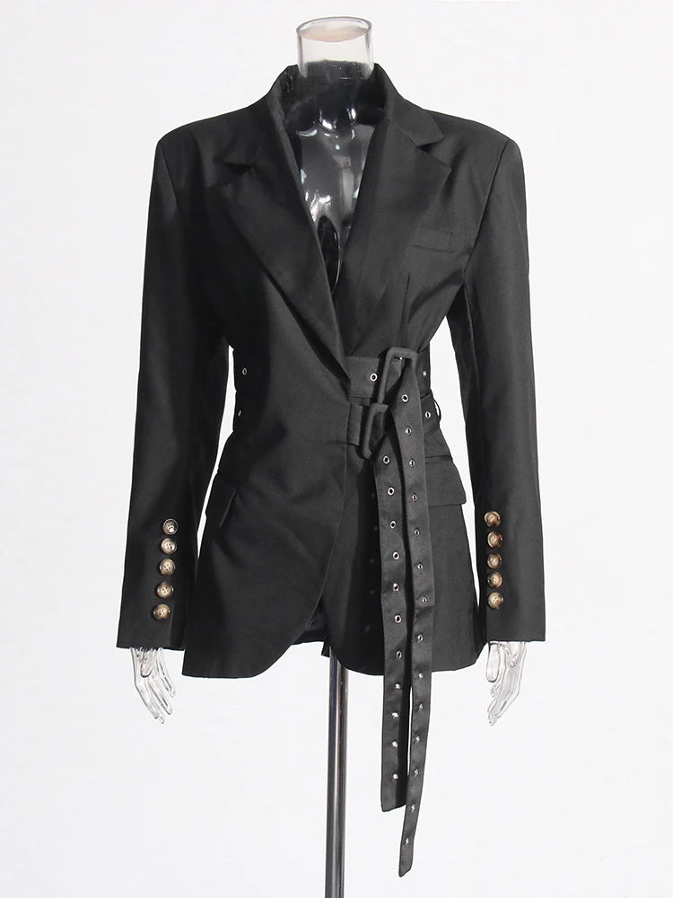 Belt Blazer Collar Long Sleeve Patchwork Button