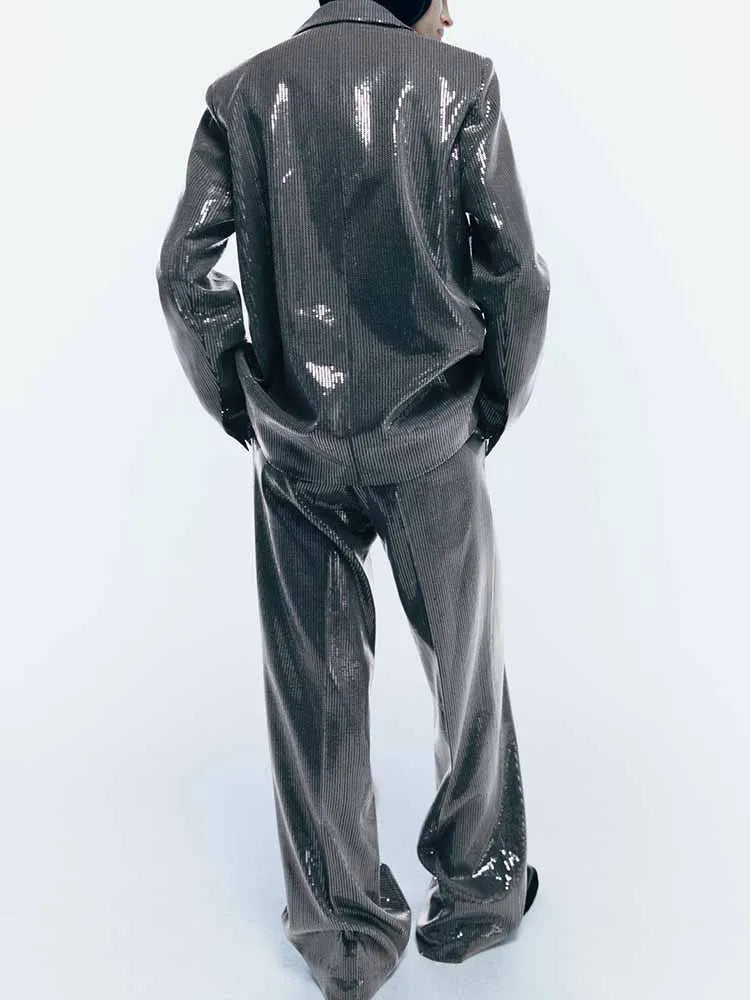 Jacket Autumn Single-Breasted V-Neck Blazer Straight Pants 2Piece