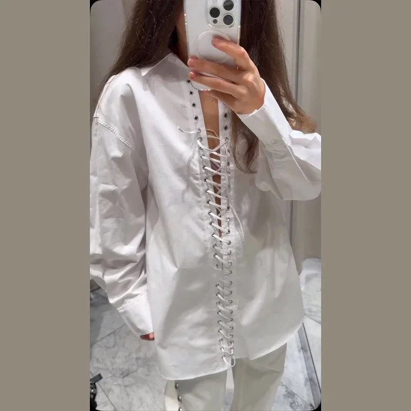 White Oversize Weave Drawstring Blouse
