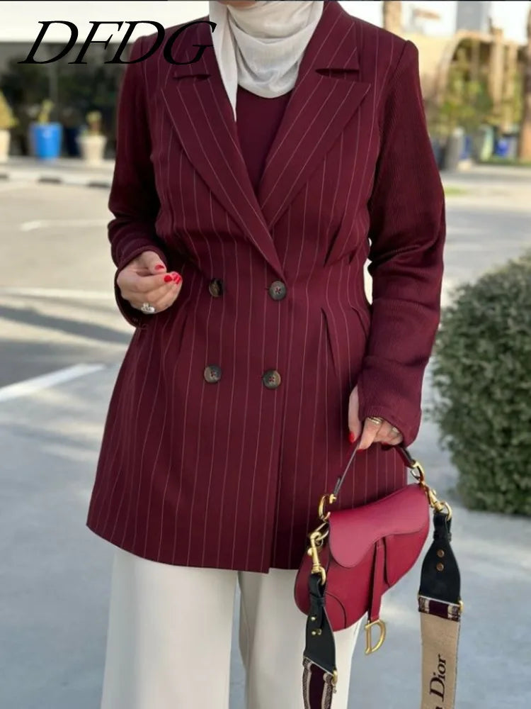 spring cherry striped Double Breasted Suit Waist Jacket