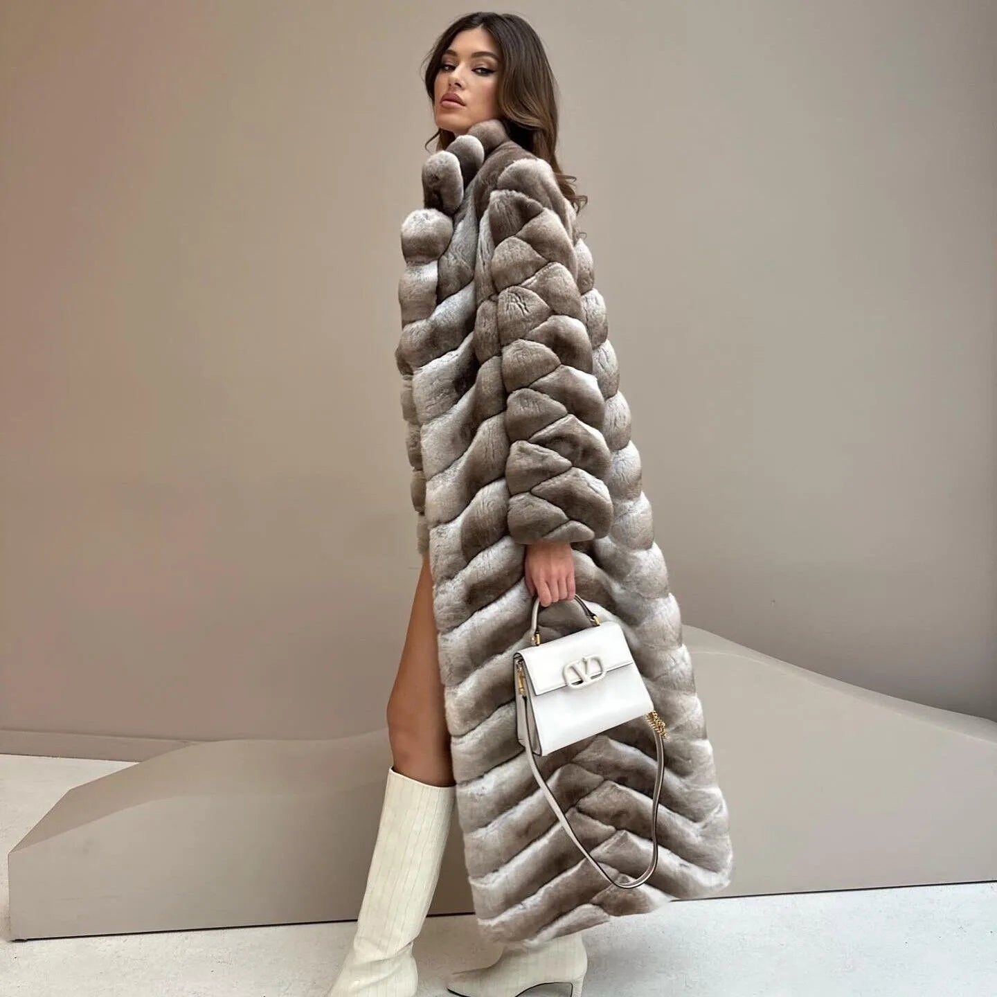 Long Overcoat Real Rex Rabbit Fur Coat