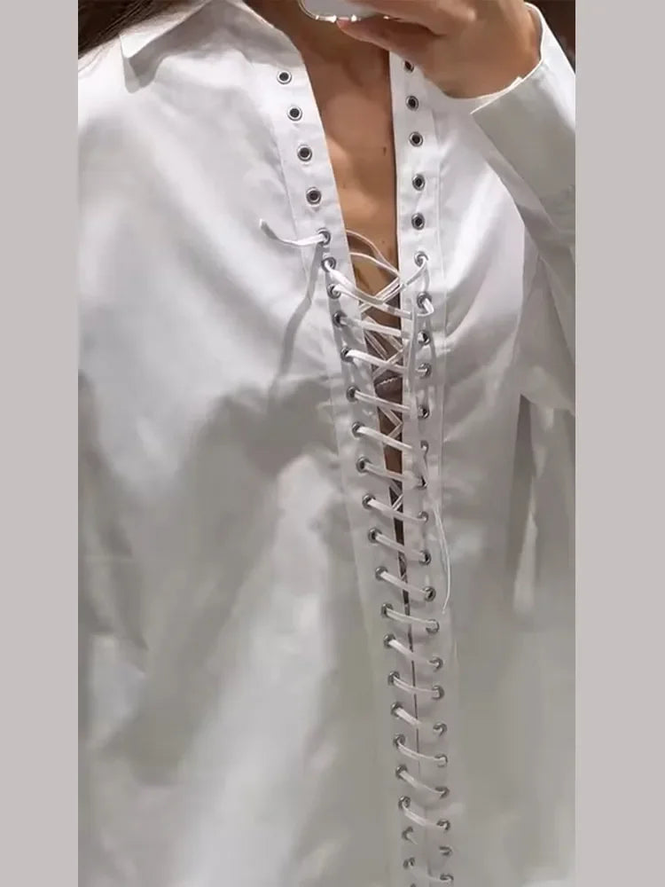 White Oversize Weave Drawstring Blouse