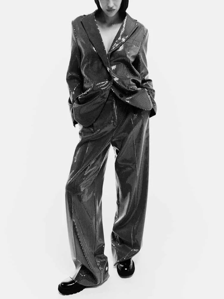 Jacket Autumn Single-Breasted V-Neck Blazer Straight Pants 2Piece