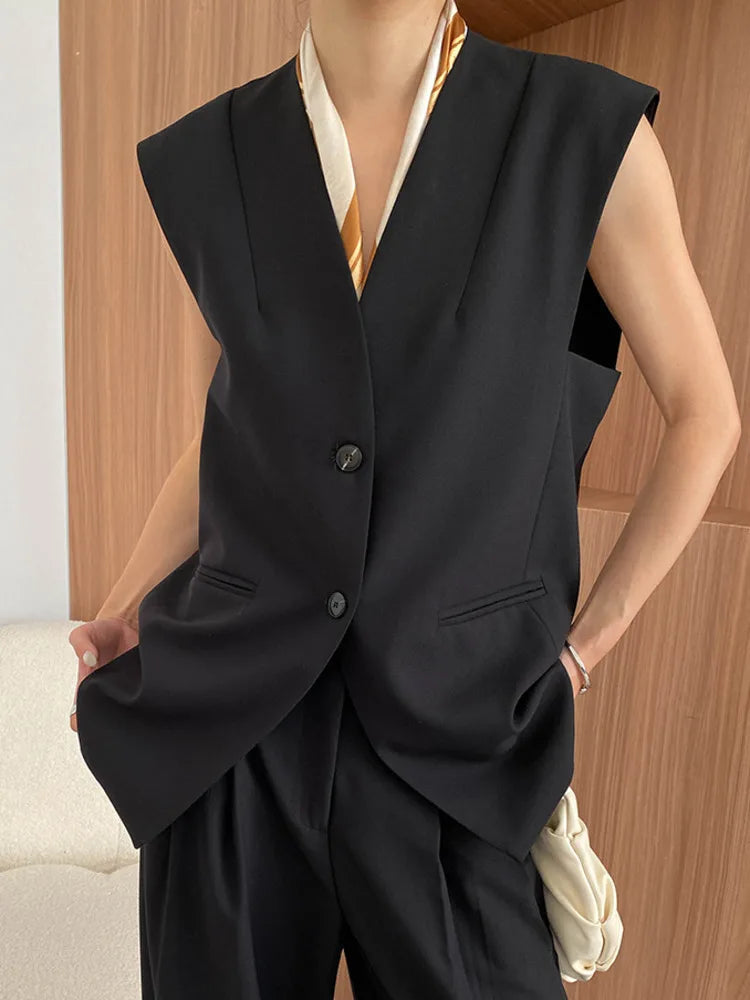3 Piece Set V-neck Single Breasted Vest Solid Color Blazer With High Waist Pants