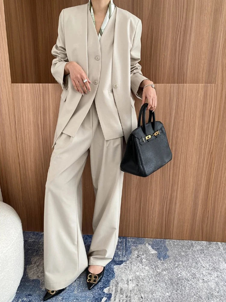 3 Piece Set V-neck Single Breasted Vest Solid Color Blazer With High Waist Pants
