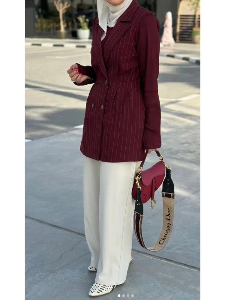 spring cherry striped Double Breasted Suit Waist Jacket