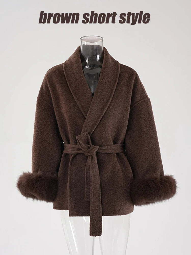 Red Fur Cuff Big Size Long Woolen Coat