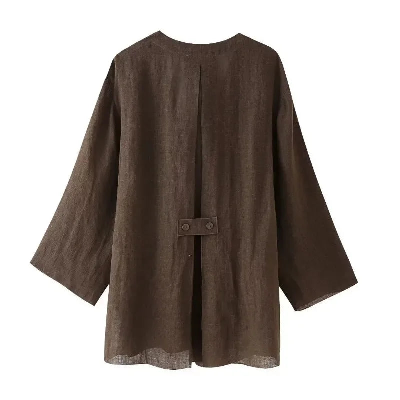 Vintage Loose Suits Long Sleeve V Neck Linen