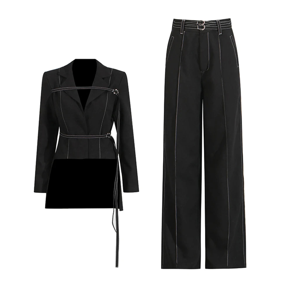 Two Piece Set for Long Sleeve Jacket High Waist Straight Trousers