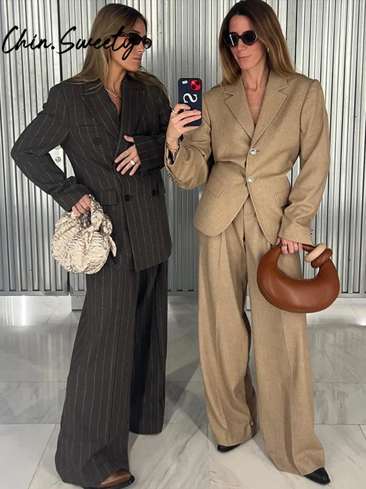 Coat Set Full Sleeve Double Breasted Lapel Jacket Wide Leg High Waist Pant