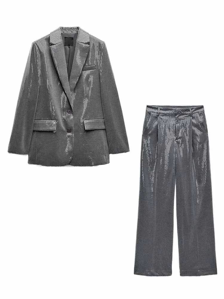Jacket Autumn Single-Breasted V-Neck Blazer Straight Pants 2Piece