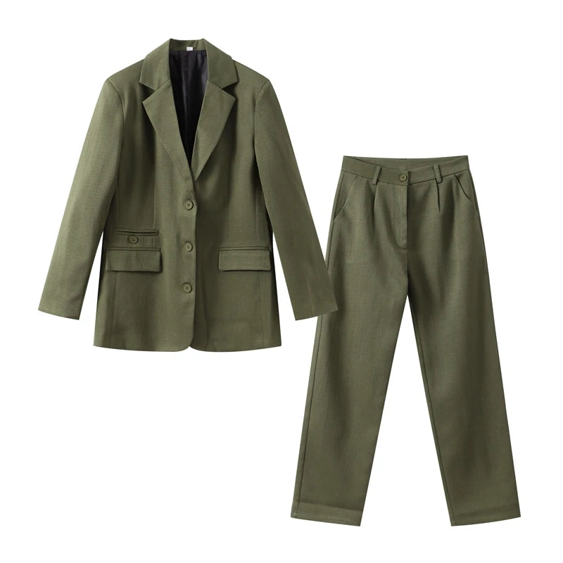 Coat Set Full Sleeve Double Breasted Lapel Jacket Wide Leg High Waist Pant