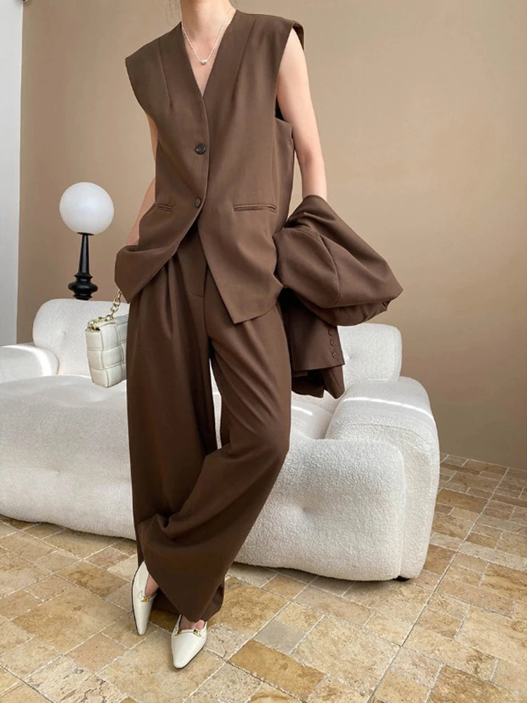 3 Piece Set V-neck Single Breasted Vest Solid Color Blazer With High Waist Pants