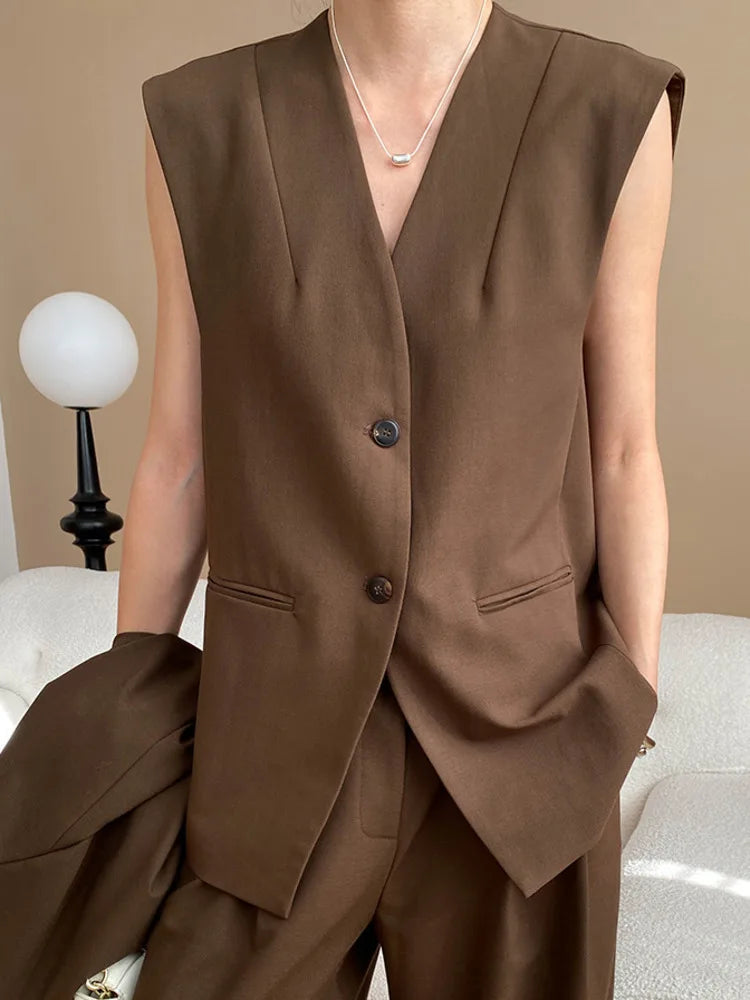 3 Piece Set V-neck Single Breasted Vest Solid Color Blazer With High Waist Pants
