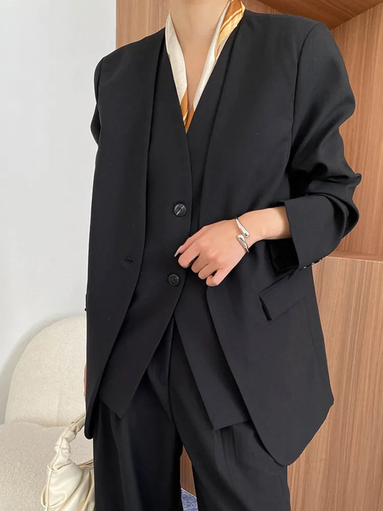 3 Piece Set V-neck Single Breasted Vest Solid Color Blazer With High Waist Pants