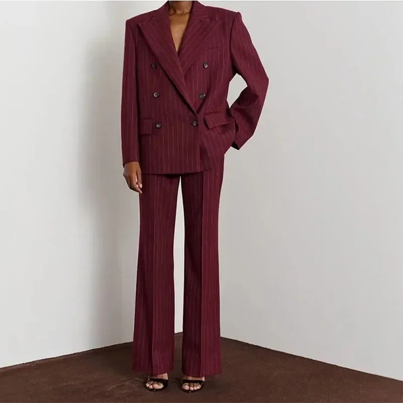 Coat Set Full Sleeve Double Breasted Lapel Jacket Wide Leg High Waist Pant