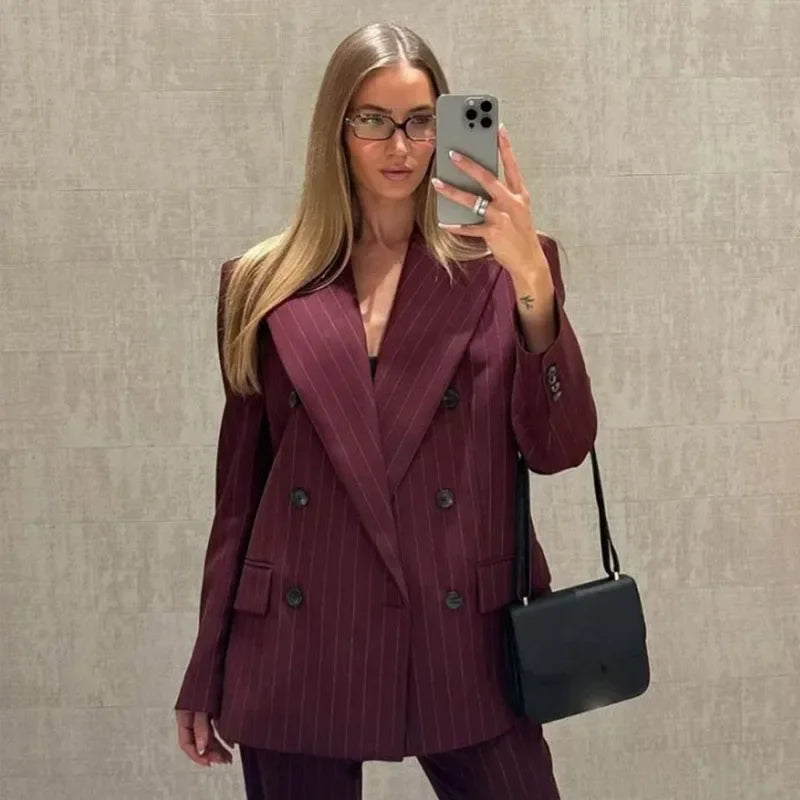 Coat Set Full Sleeve Double Breasted Lapel Jacket Wide Leg High Waist Pant