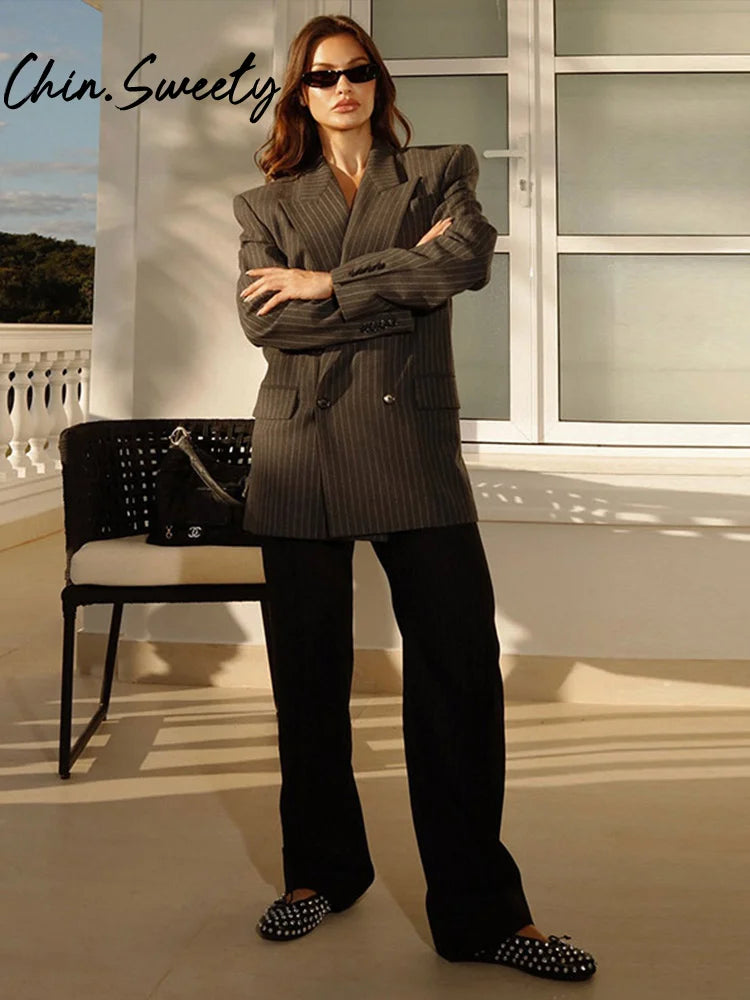 Coat Set Full Sleeve Double Breasted Lapel Jacket Wide Leg High Waist Pant