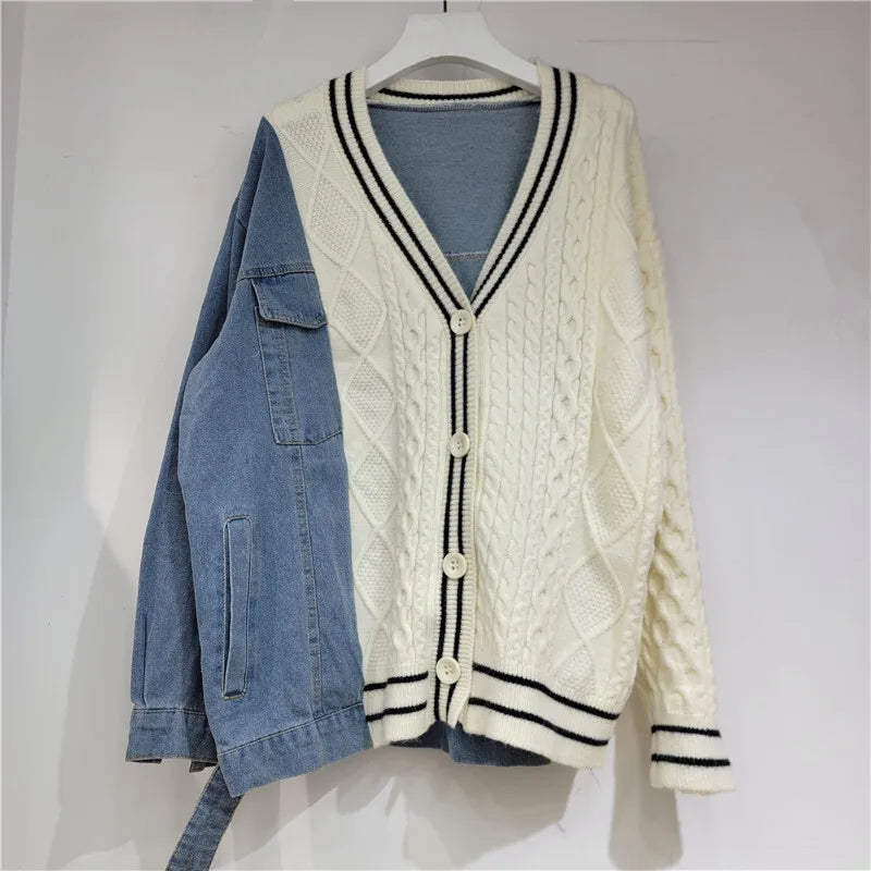 Striped Knit Cardigan V-neck Long Sleeves S