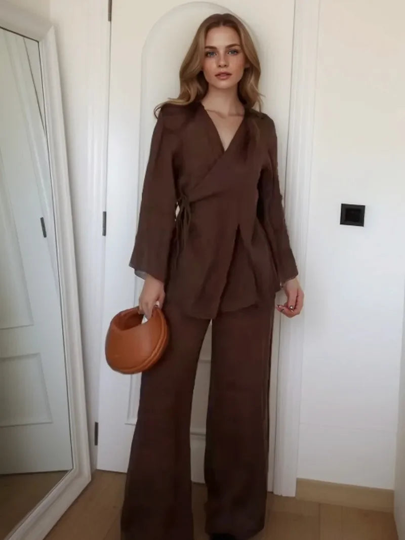 Vintage Loose Suits Long Sleeve V Neck Linen
