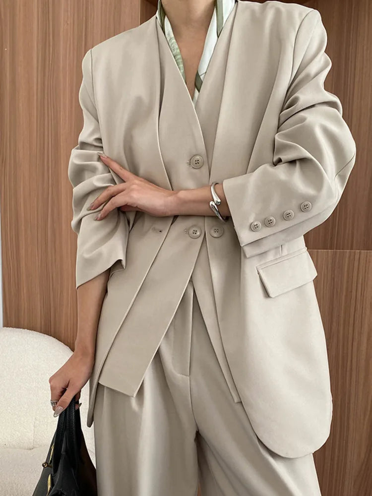 3 Piece Set V-neck Single Breasted Vest Solid Color Blazer With High Waist Pants