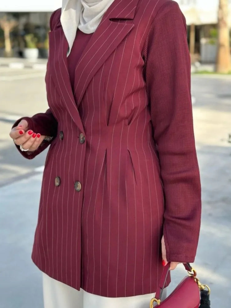 spring cherry striped Double Breasted Suit Waist Jacket
