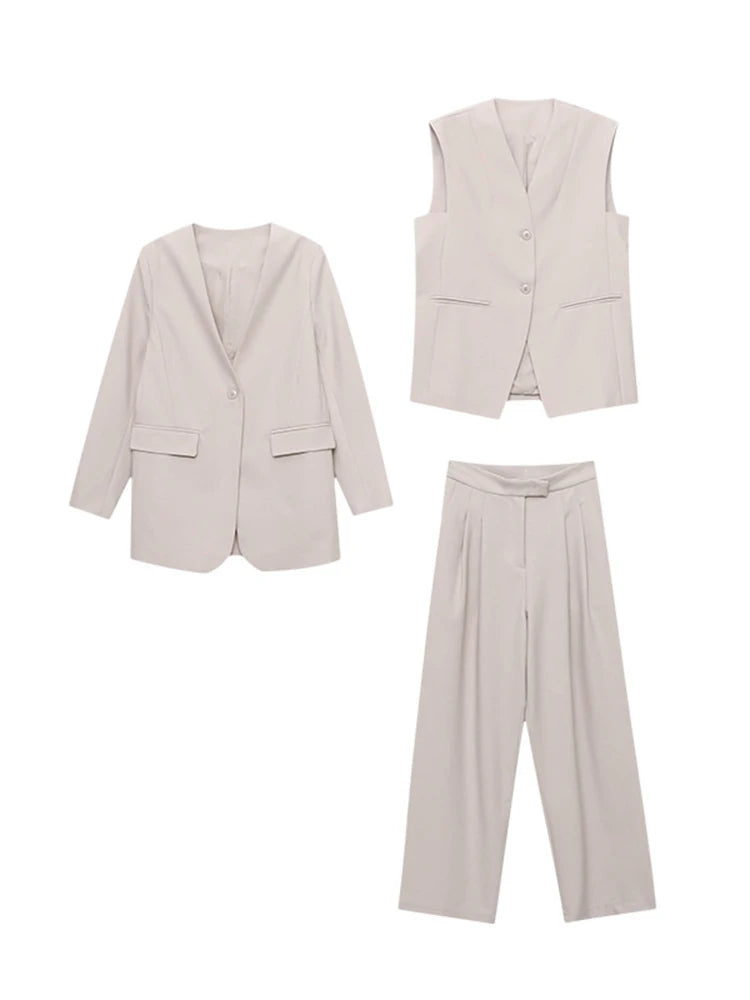 3 Piece Set V-neck Single Breasted Vest Solid Color Blazer With High Waist Pants