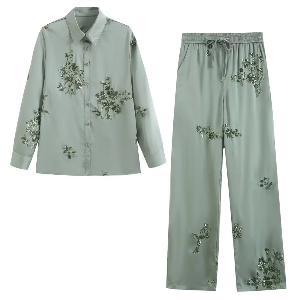 Long sleeved Shirt High Waist Long Pants Casual Set