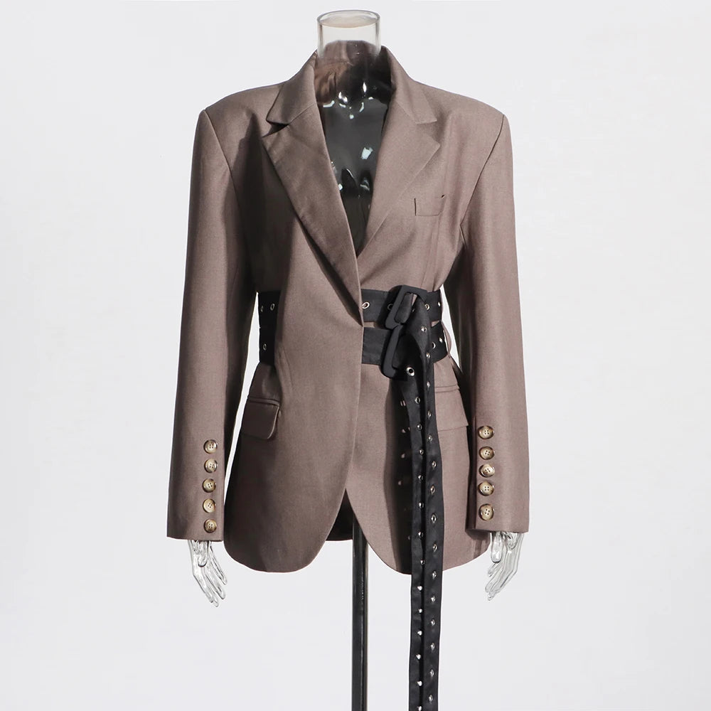 Belt Blazer Collar Long Sleeve Patchwork Button