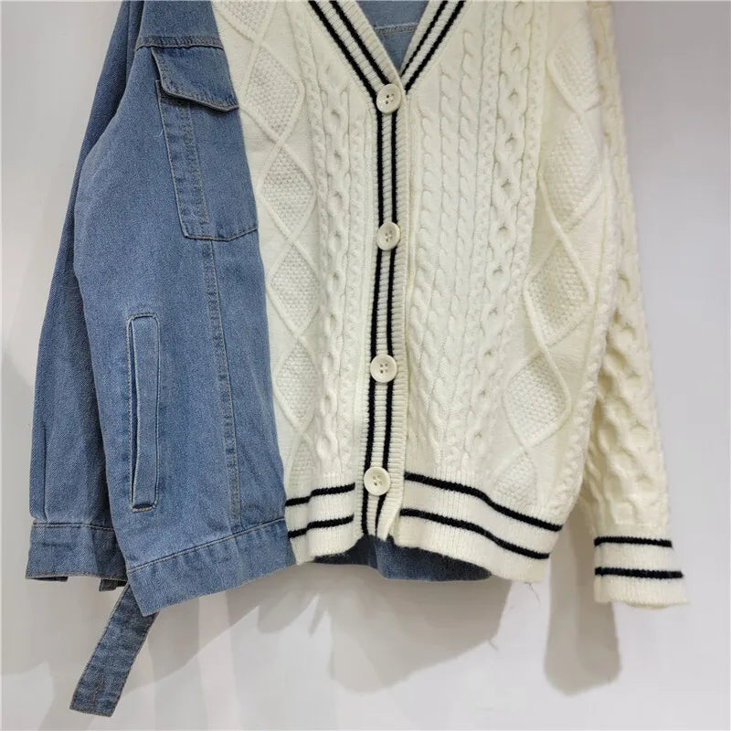 Striped Knit Cardigan V-neck Long Sleeves S