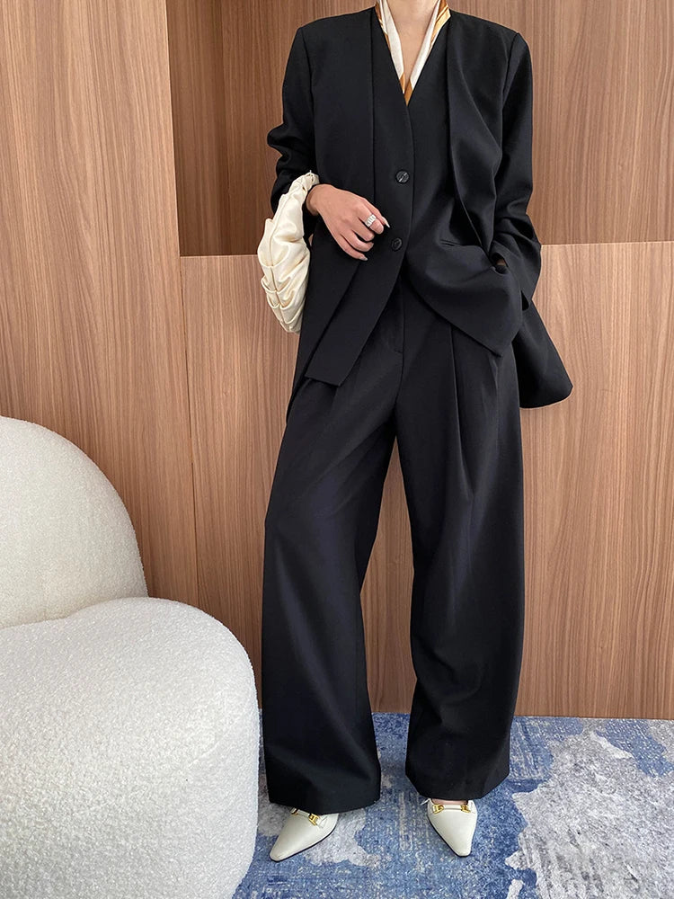 3 Piece Set V-neck Single Breasted Vest Solid Color Blazer With High Waist Pants