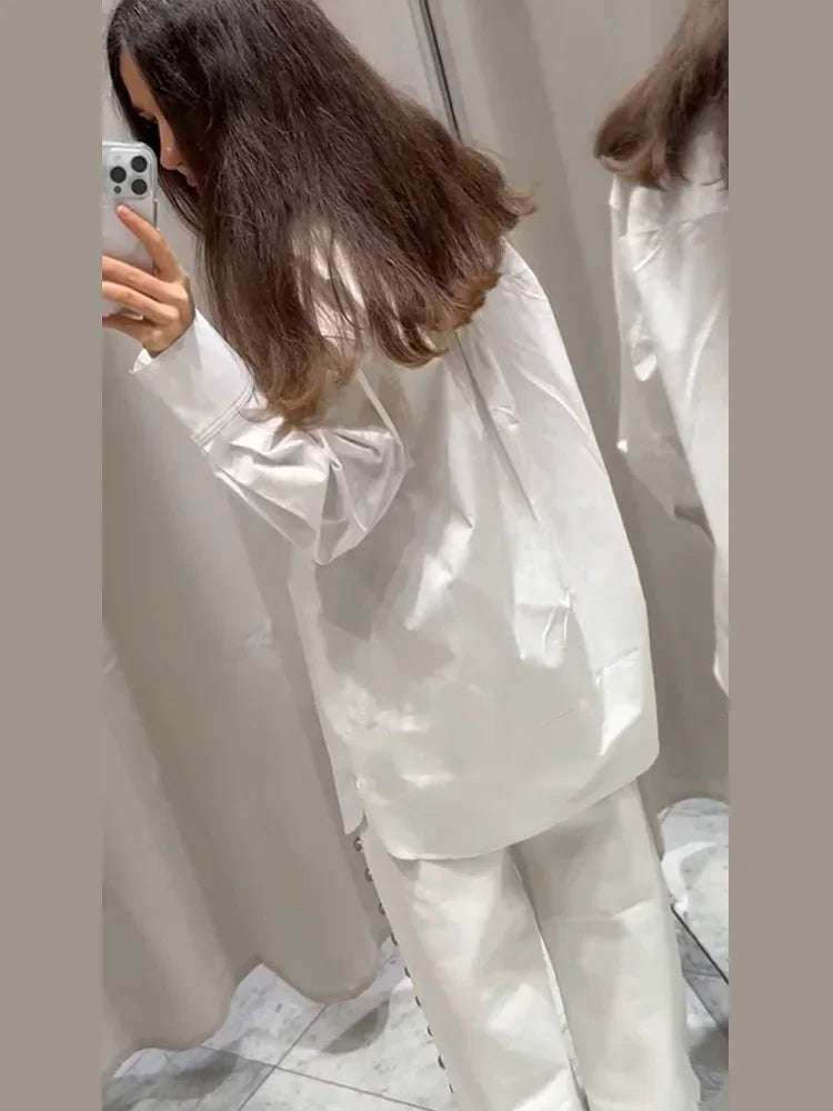 White Oversize Weave Drawstring Blouse