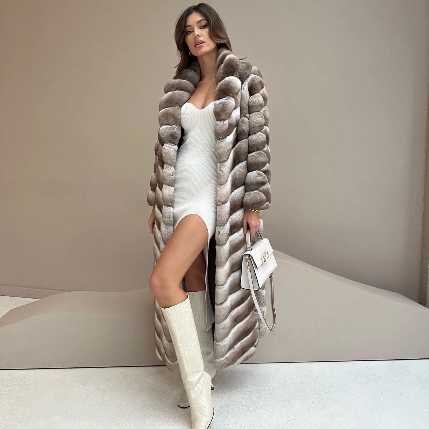 Long Overcoat Real Rex Rabbit Fur Coat