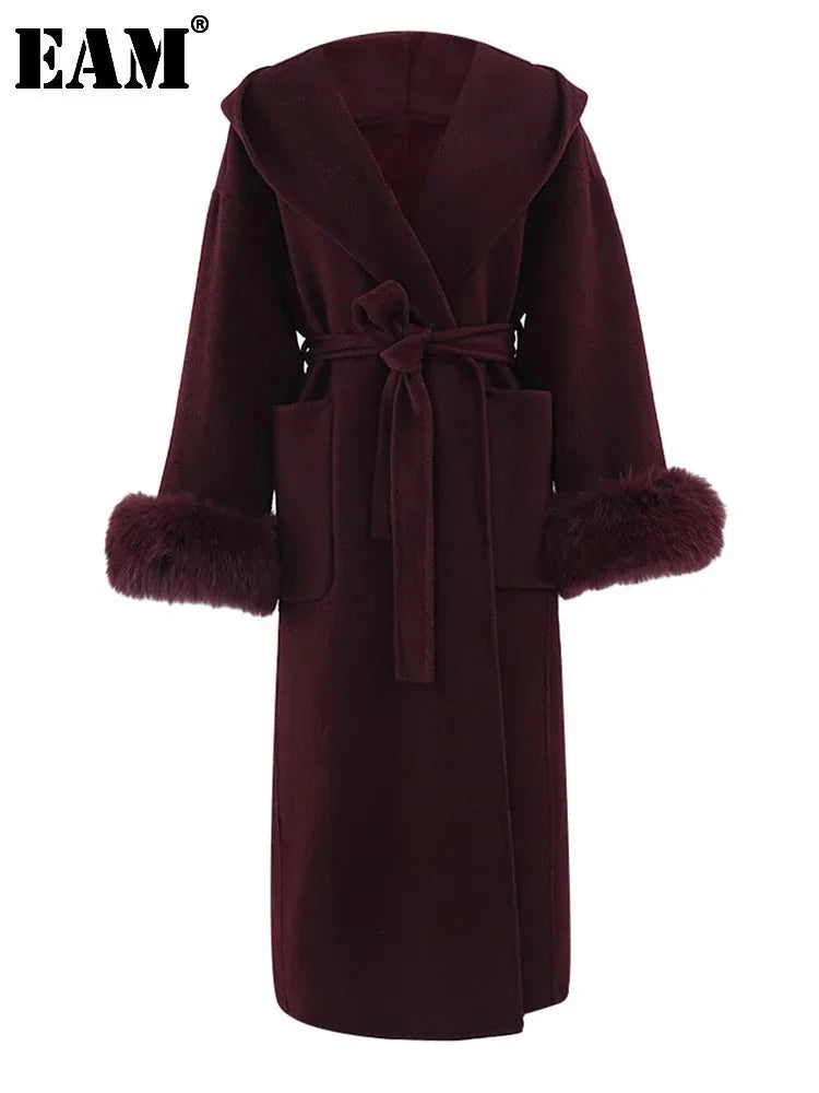 Red Fur Cuff Big Size Long Woolen Coat