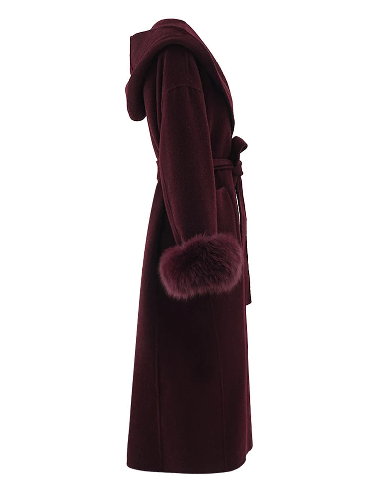 Red Fur Cuff Big Size Long Woolen Coat