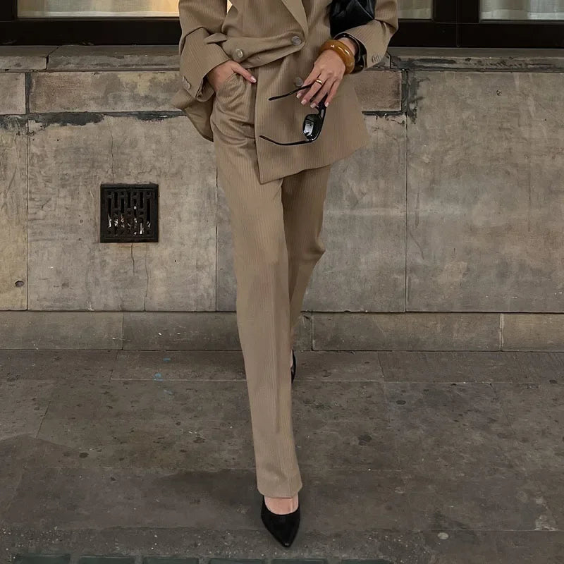 Coat Set Full Sleeve Double Breasted Lapel Jacket Wide Leg High Waist Pant