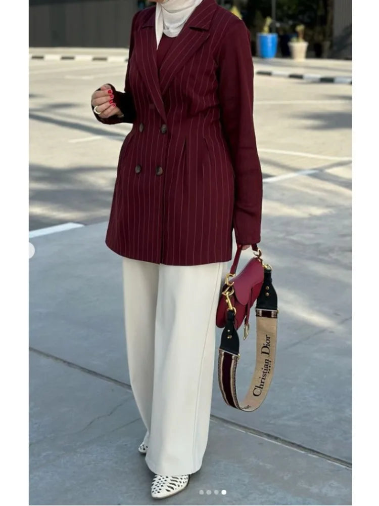 spring cherry striped Double Breasted Suit Waist Jacket