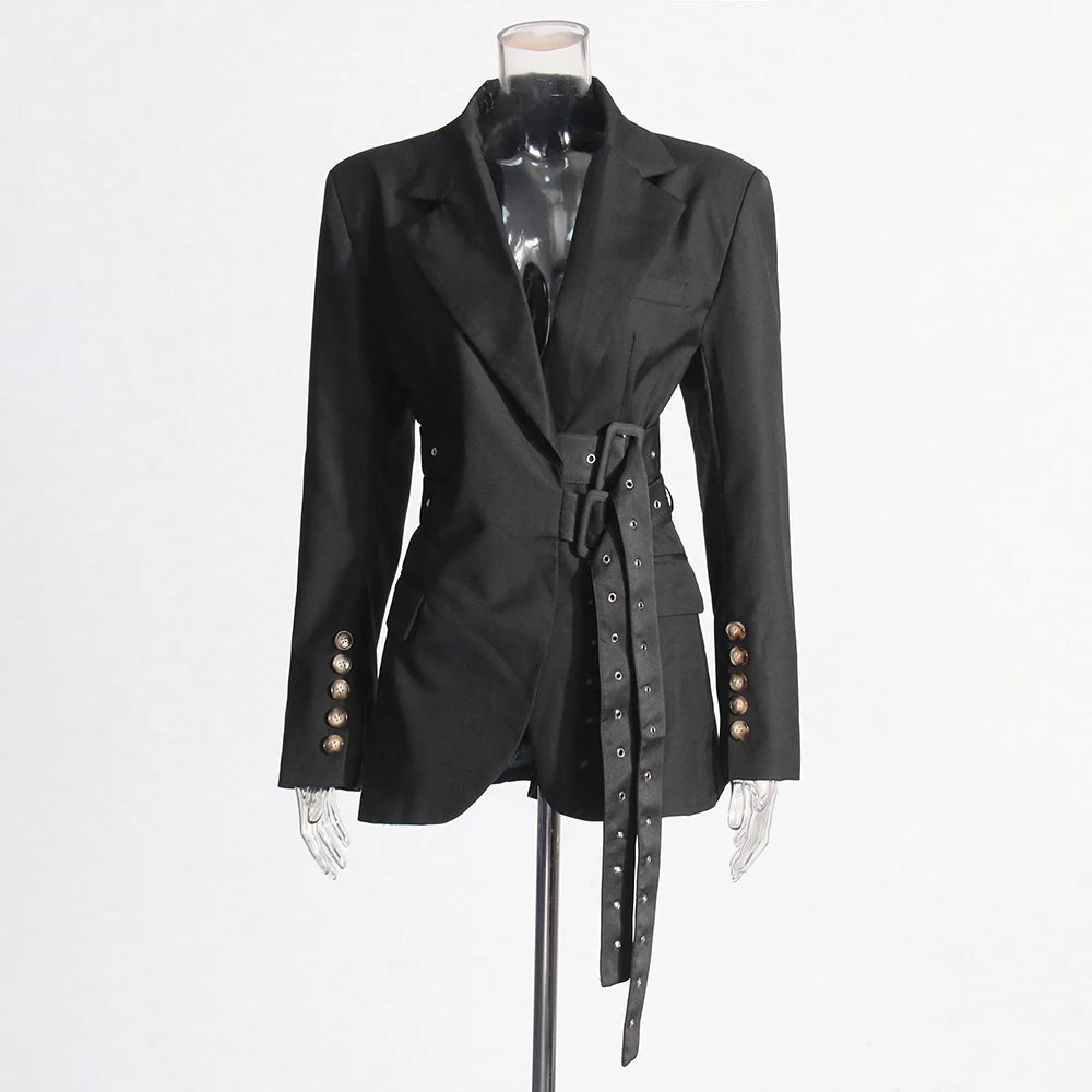Belt Blazer Collar Long Sleeve Patchwork Button