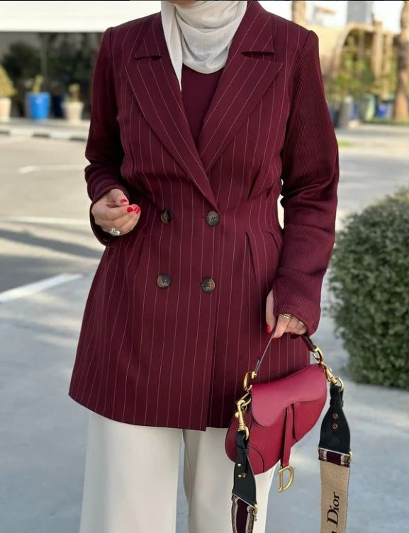 spring cherry striped Double Breasted Suit Waist Jacket